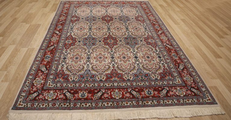 Traditional Persian area rug featuring intricate floral patterns, red borders, and cream fringe on a wooden floor.