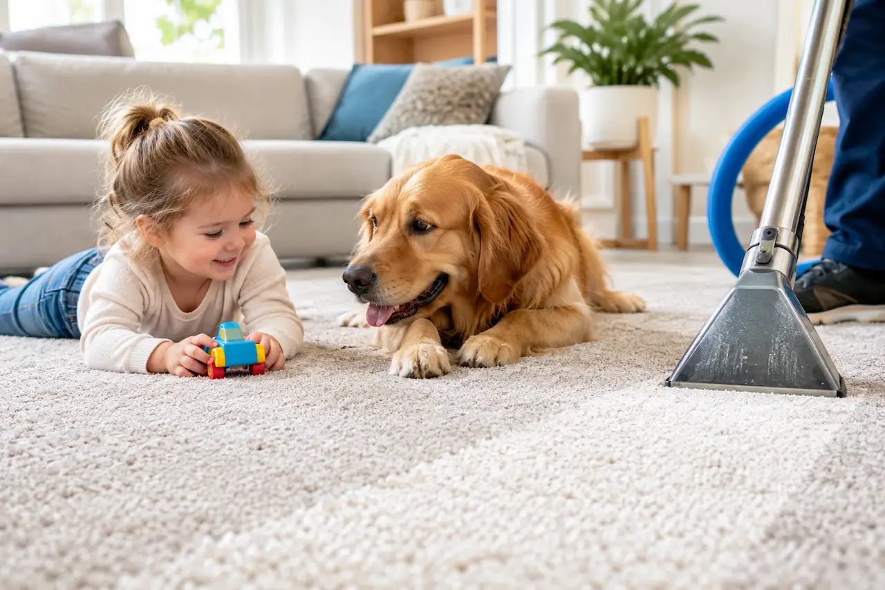 Organic carpet cleaning in a family home with a toddler and golden retriever on a clean carpet.